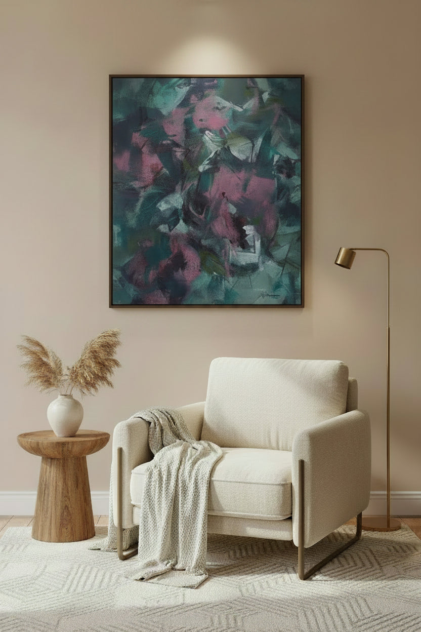 An abstract painting with expressive brushstrokes in shades of dark teal, gray, black, and magenta pink, with some white highlights and an artist signature in the lower right corner.