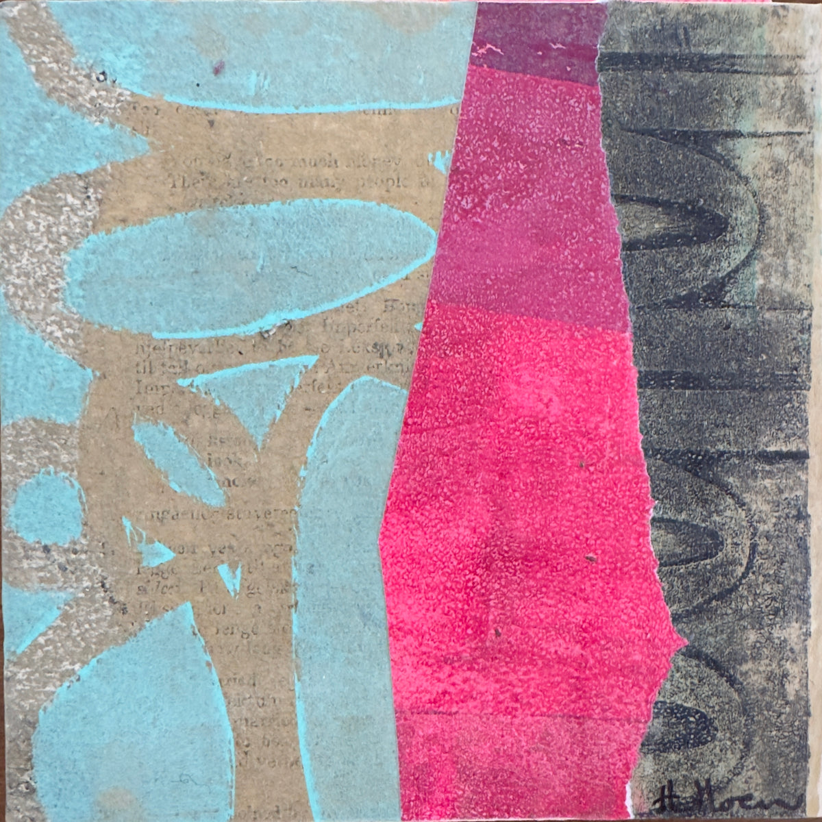 Abstract mixed-media artwork featuring textured vertical bands of light blue, tan, bright pink, and dark charcoal gray with organic shapes and layered paper textures.