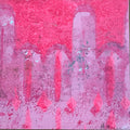 Abstract pink and magenta painting with textured vertical forms and speckled brushstrokes, filling the frame.