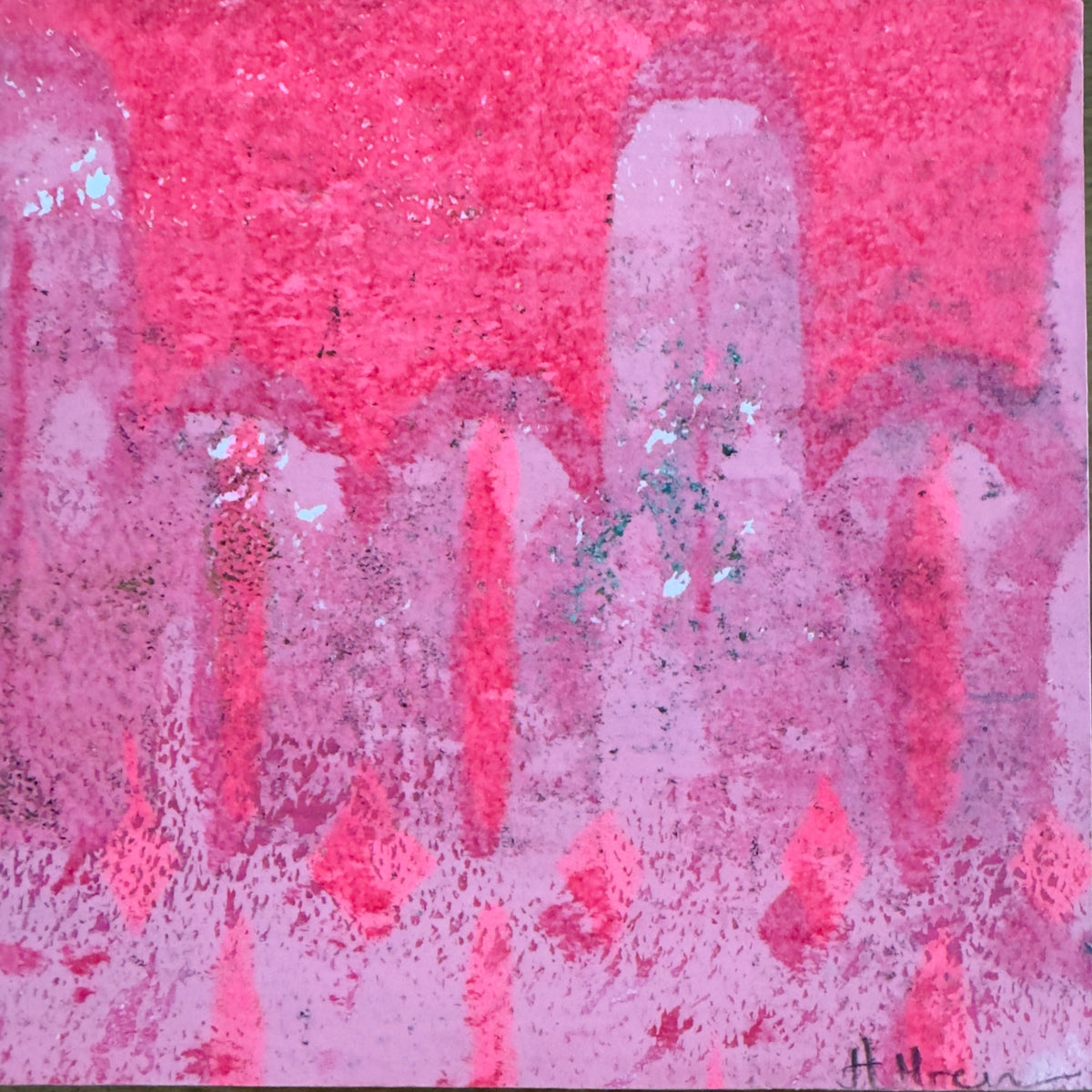 Abstract pink and magenta painting with textured vertical forms and speckled brushstrokes, filling the frame.