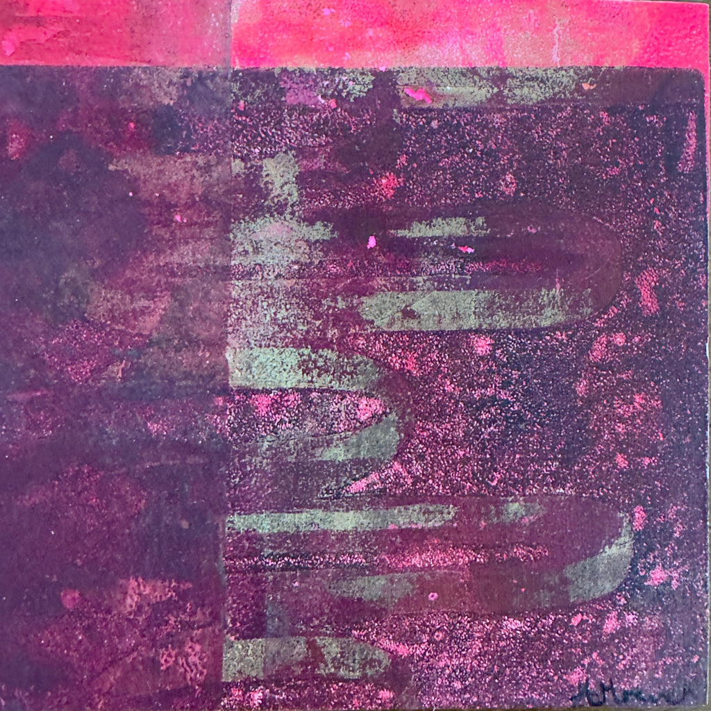 An abstract textured painting featuring a distressed, grunge-style design in deep purples, magentas, and dark charcoal tones with a bright pink top border.