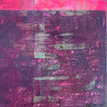 An abstract textured painting featuring a distressed, grunge-style design in deep purples, magentas, and dark charcoal tones with a bright pink top border.