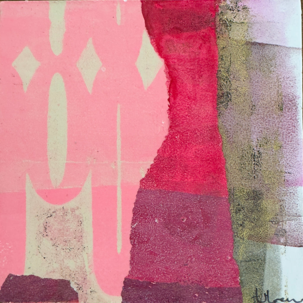 Abstract mixed-media painting with layered pink, red, mauve, olive, and cream textured shapes and geometric motifs.