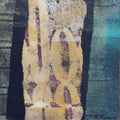 An abstract textured painting featuring a central vertical beige and gold form with dark purple accents, framed by dark black and blue-green textured sections.