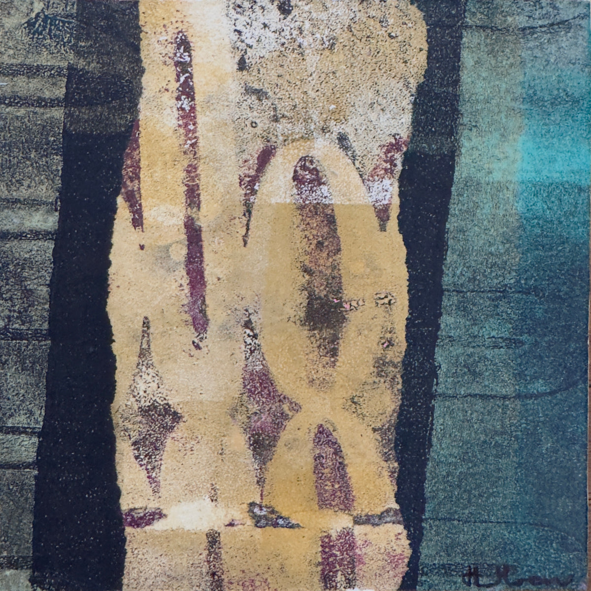 An abstract textured painting featuring a central vertical beige and gold form with dark purple accents, framed by dark black and blue-green textured sections.