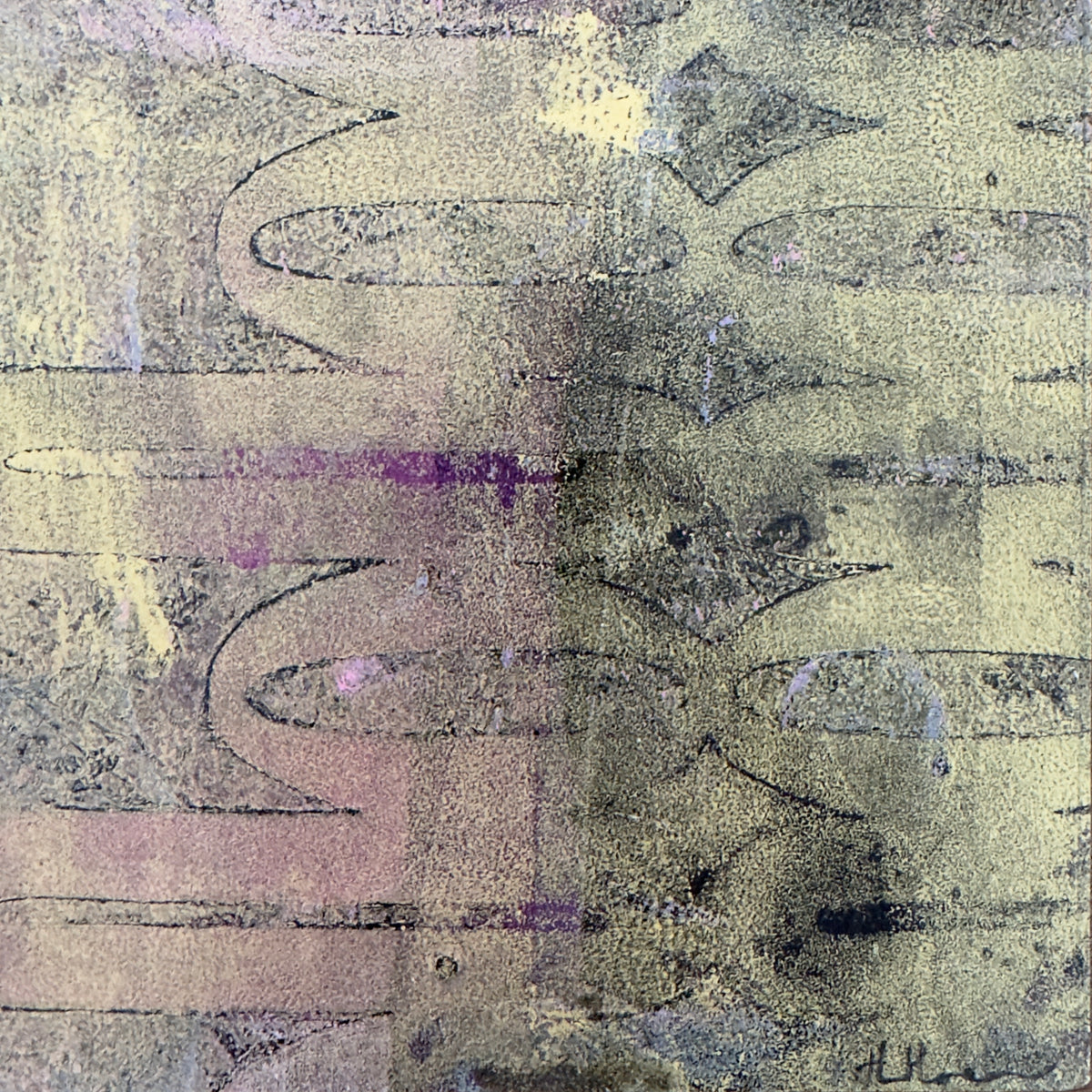 Abstract mixed-media painting with layered metallic gold, charcoal gray, black, and soft pink brushstrokes, featuring organic curved line motifs and a textured, distressed finish.