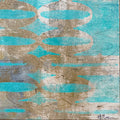 Abstract mixed-media artwork featuring turquoise blue and white organic oval shapes layered over a textured, distressed beige and gray background, signed '4Hlen' in the bottom right corner.