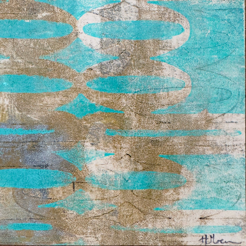 Abstract mixed-media artwork featuring turquoise blue and white organic oval shapes layered over a textured, distressed beige and gray background, signed '4Hlen' in the bottom right corner.