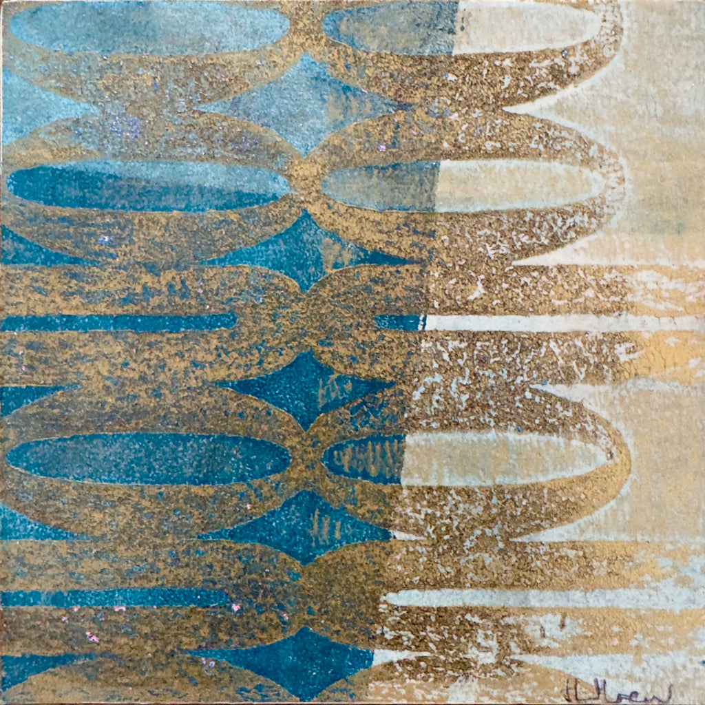 An abstract square artwork with layered horizontal oval and diamond motifs in textured blue and metallic gold tones over a warm off-white background.