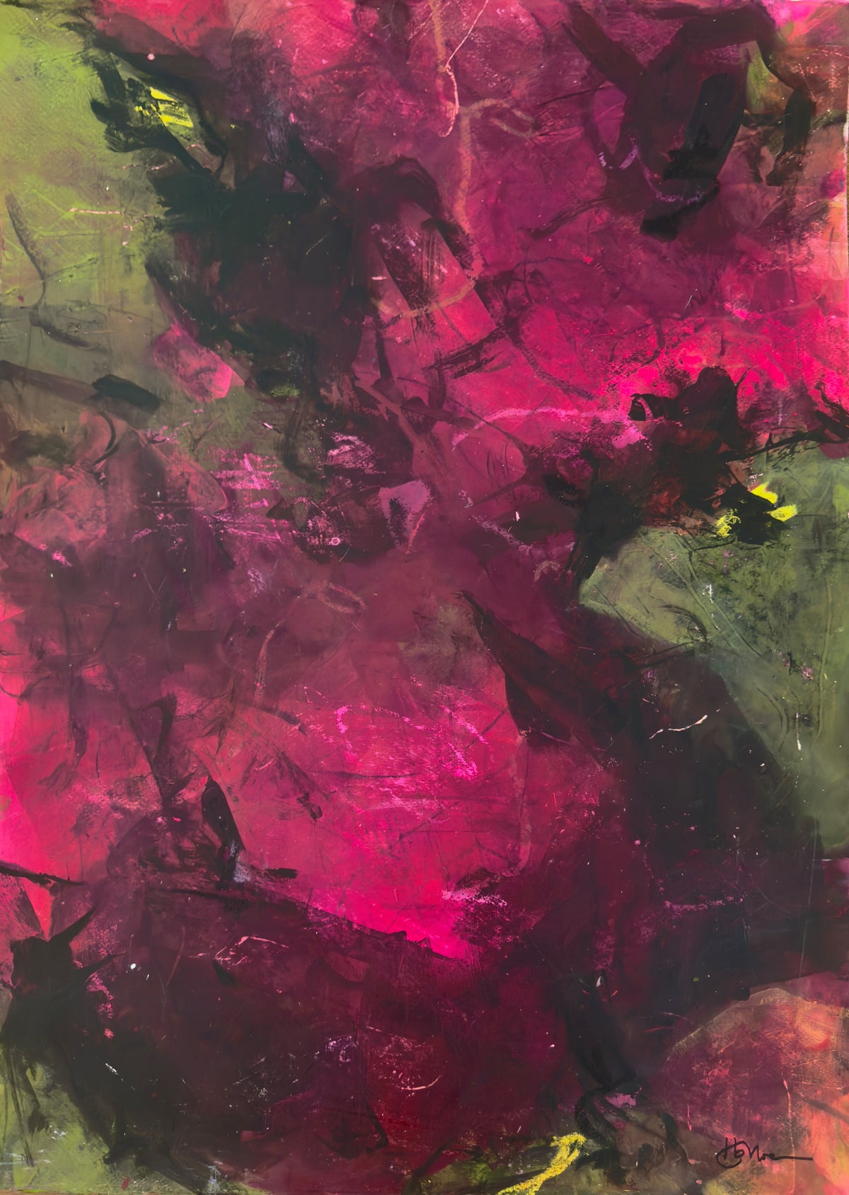 Abstract painting with expressive brushstrokes in vivid magenta pink, deep purple, olive green, and black, with layered texture and energetic gestural marks across the full frame.