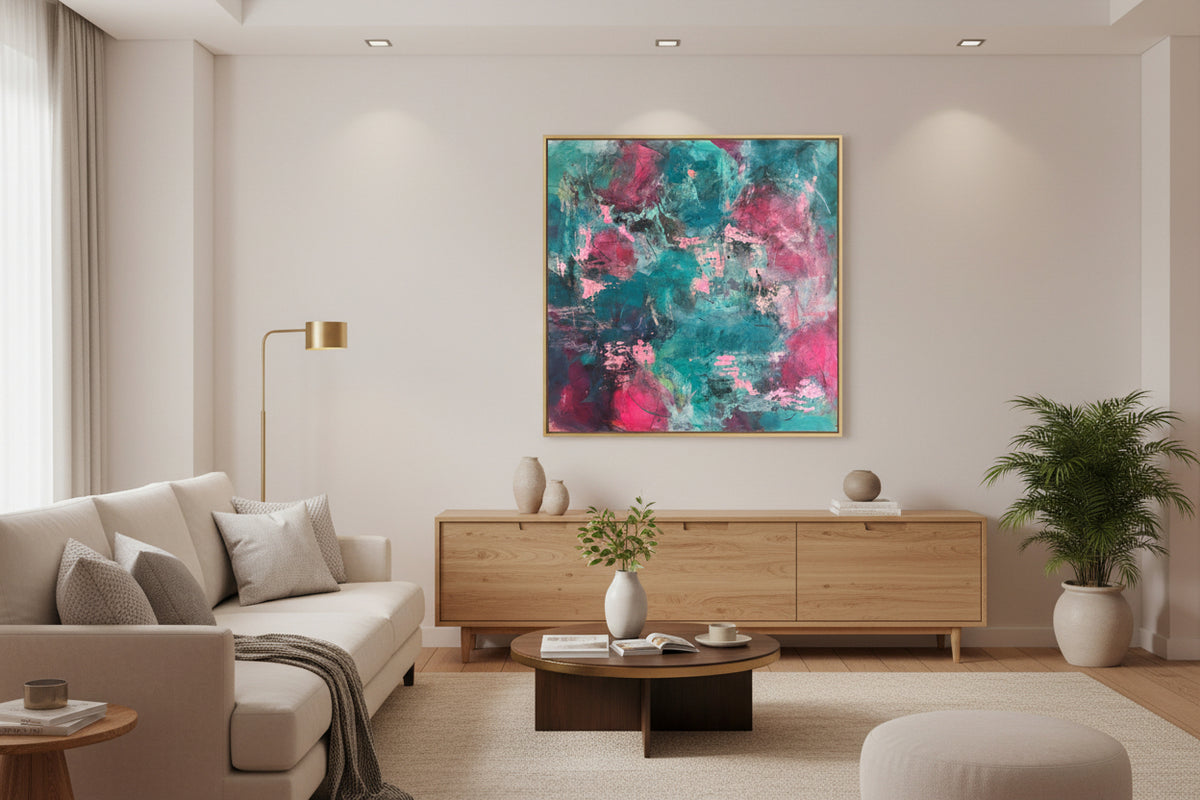 An abstract painting with expressive brushstrokes in vibrant teal, blues, magenta pink, and deep purple, with white highlights and textured impasto details. Signed by artist.