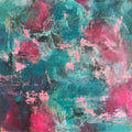 An abstract painting with expressive brushstrokes in vibrant teal, magenta pink, and deep purple, with white highlights and textured impasto details. Signed by the artist.