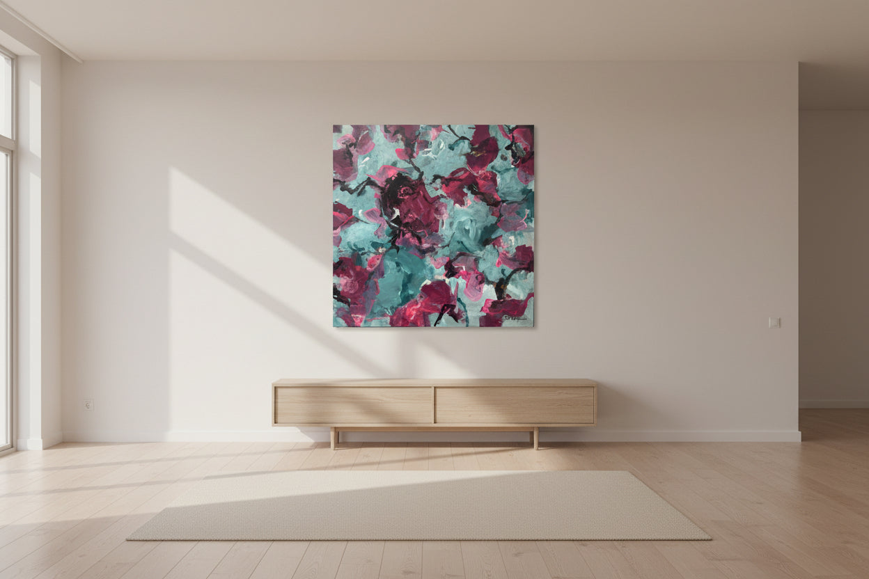 An abstract floral painting featuring textured magenta and deep pink blossoms on a light aqua and teal background with dark branch accents.