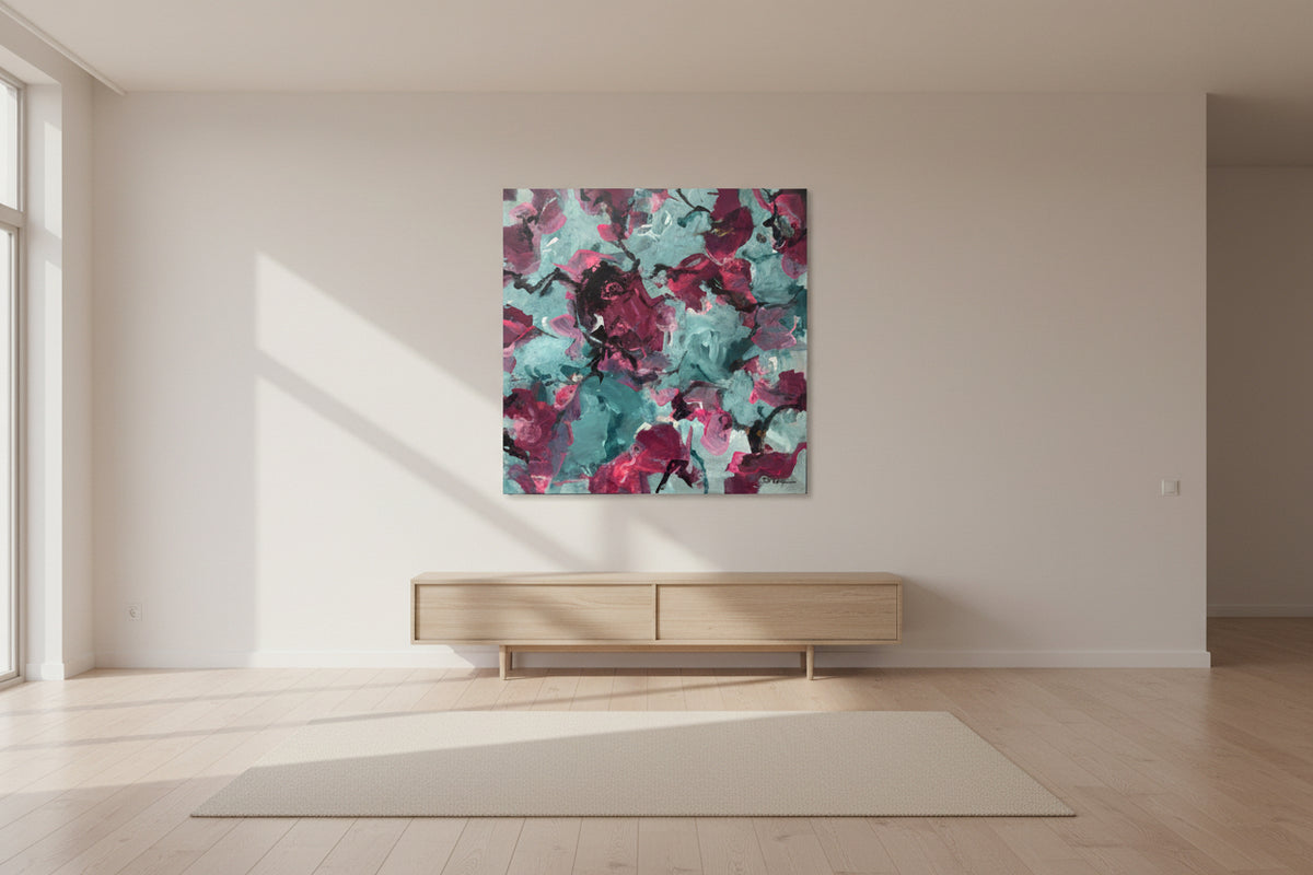 An abstract floral painting featuring textured magenta and deep pink blossoms on a light aqua and teal background with dark branch accents.
